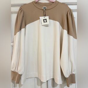NWT SZ XL Anne Klein Two-Tone Puff-Sleeve top- Beige & Cream
